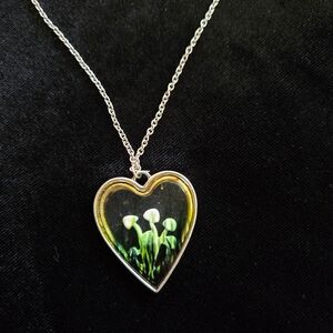 Heart-Shaped Silver Necklace with Mushroom Design